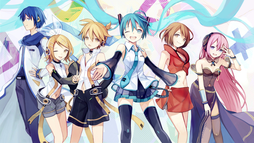 2boys, 4girls, :p, ahoge, aqua_eyes, aqua_hair, blonde_hair, blue_eyes