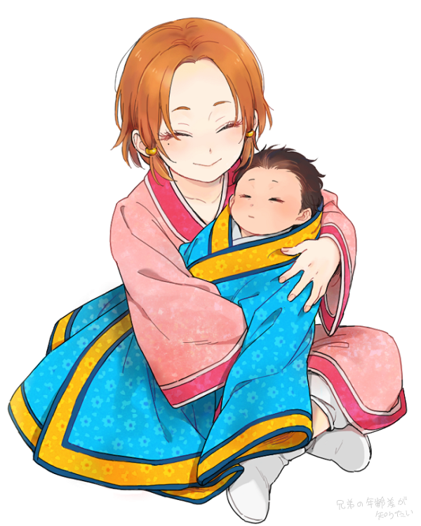 2boys, baby, black_hair, brothers, child, chinese_clothes, closed_eyes, hug, kingdom, mabui_(poloon), mole, mouki_(kingdom), mouten_(kingdom), multiple_boys, orange_hair, siblings, younger