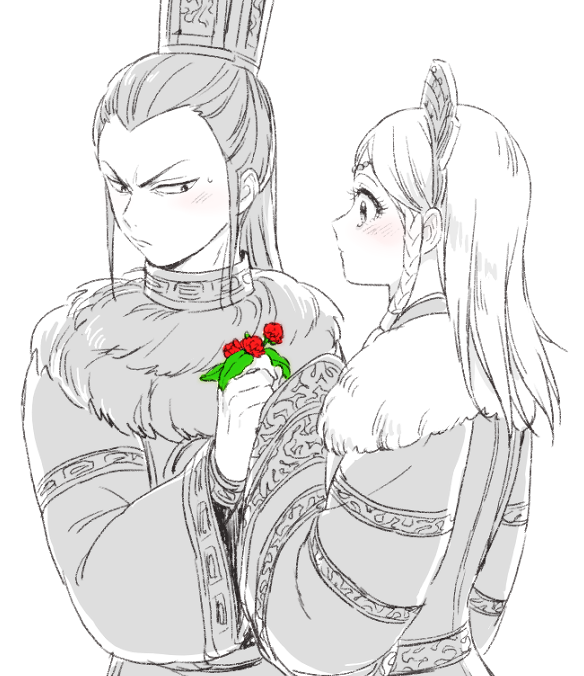 1boy, 1girl, blush, chinese_clothes, couple, flower, hetero, husband_and_wife, kingdom, long_hair, mabui_(poloon), rui_(kingdom), seikyou_(kingdom), spot_color