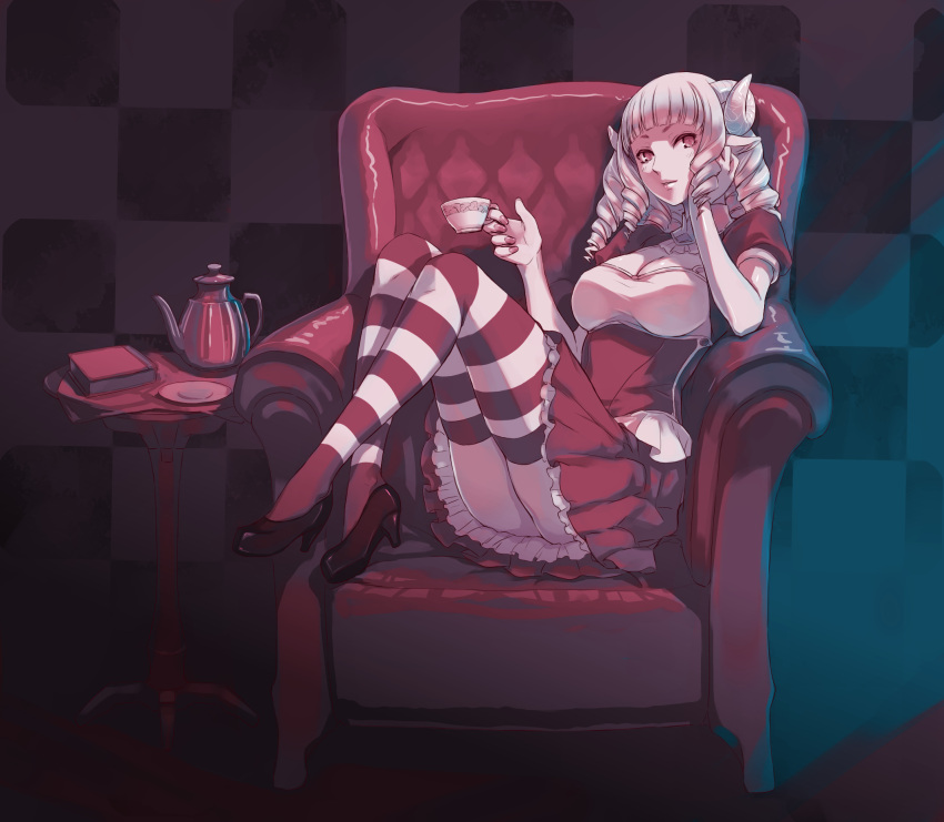 1girl, animal_ears, armchair, ass, book, breasts, chair, checkered