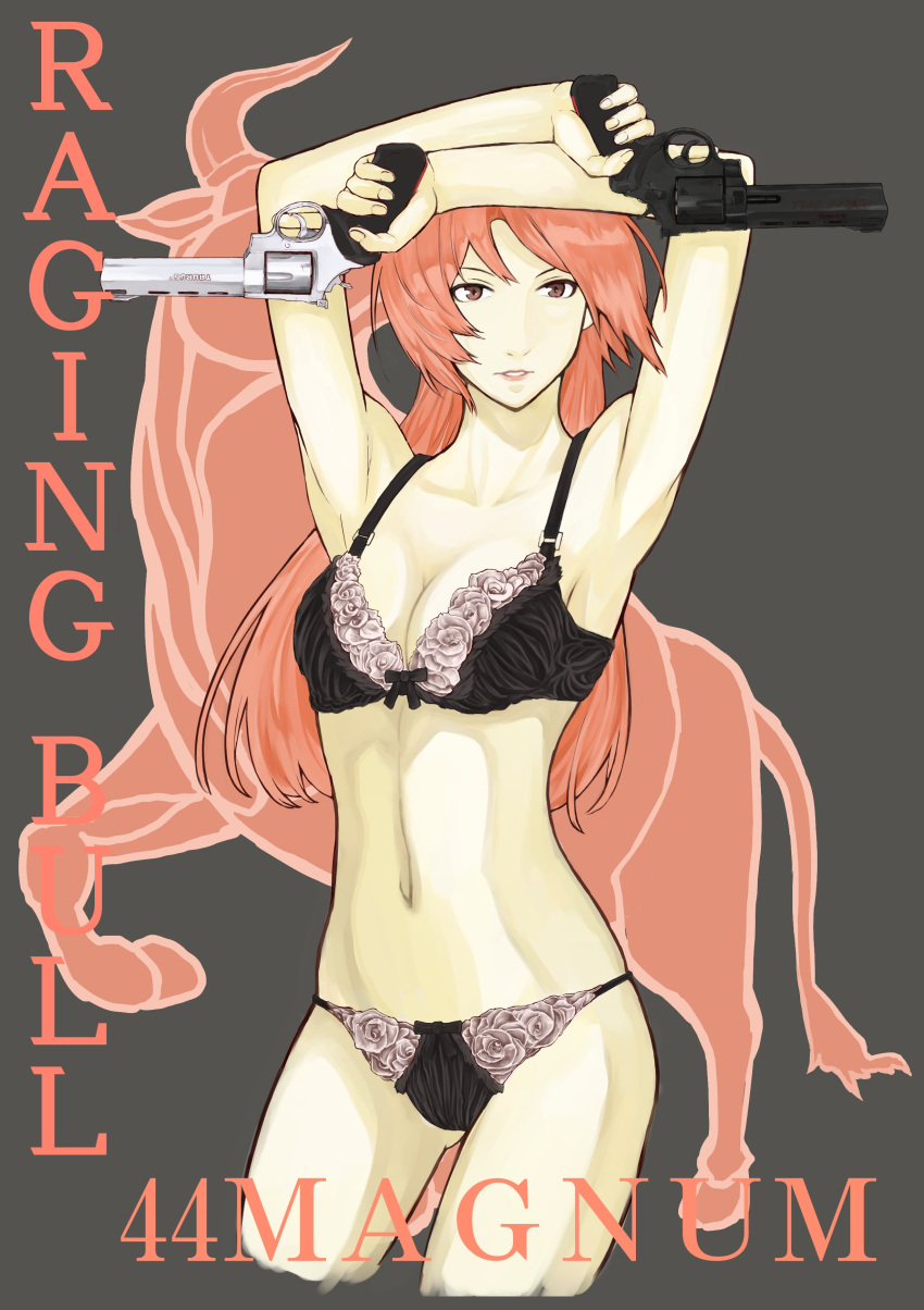 1girl, 44_magnum, absurdres, arms_up, bra, brown_eyes, bull, cowboy_shot