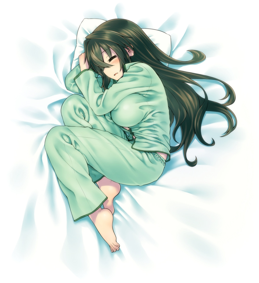 1girl, barefoot, blush, breasts, brown_hair, chankodining_waka, full_body, highres