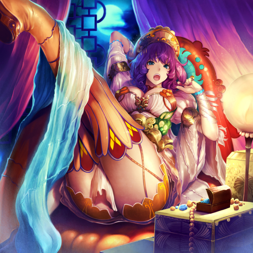 1girl, arm_up, armlet, armor, ass, bangs, beads, between_thighs, blue_eyes, boots, bracelet, breasts, chest, cleavage, clouds, curtains, full_moon, gem, high_heel_boots, high_heels, highres, holding_hair, jewelry, lamp, looking_at_viewer, lying, moon, nail_polish, night, night_sky, official_art, on_back, one_leg_raised, open_mouth, puffy_sleeves, purple_hair, red_nails, round_window, sangokushi_battle, short_hair, sky, solo, suke_akurou, thigh-highs, tiara