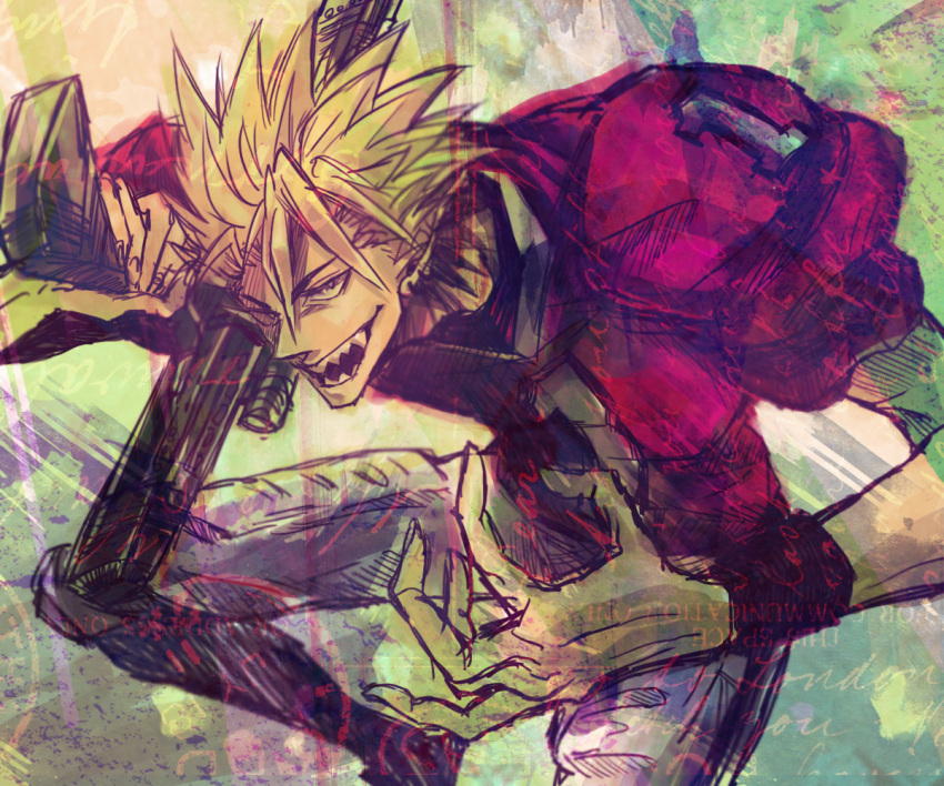 1boy, blonde_hair, earrings, eyeshield_21, football_uniform, gun, hiruma_youichi, jewelry