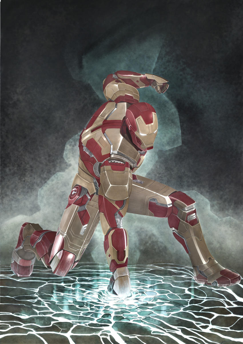 1boy, absurdres, clenched_hands, glowing, highres, iron_man, kneeling, marvel