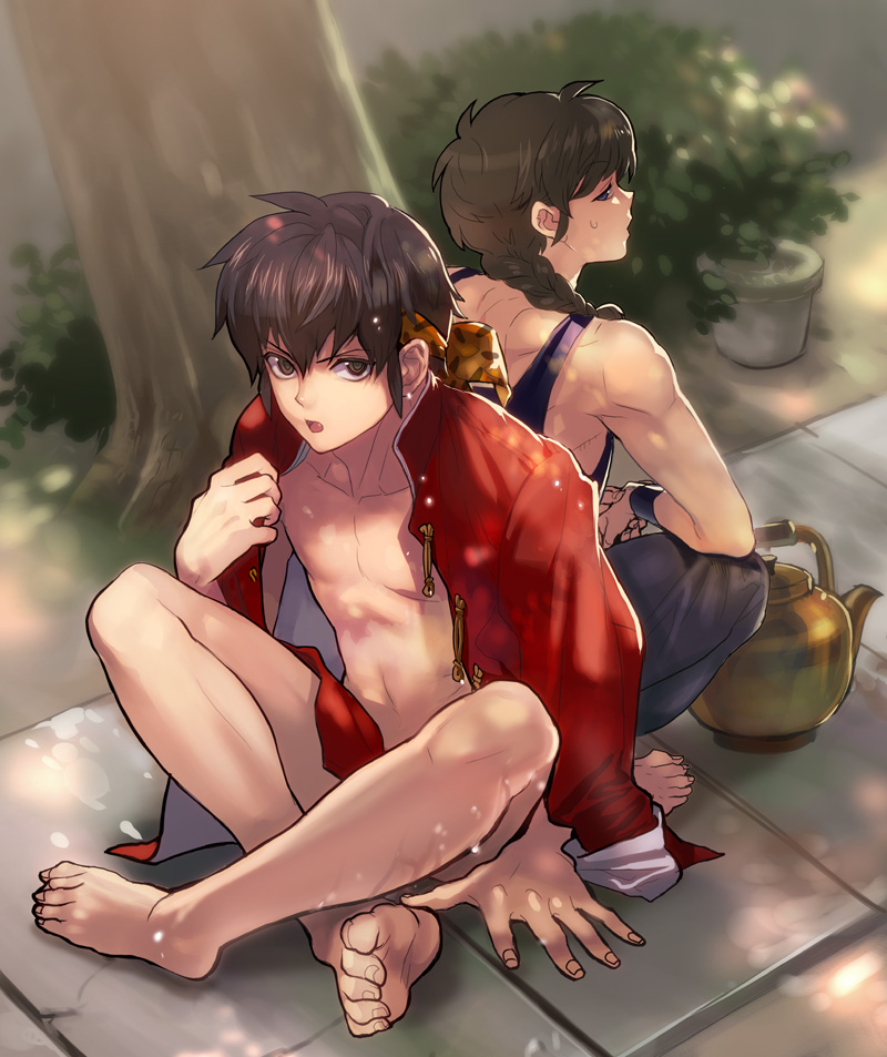 armband, back-to-back, bandana, barefoot, black_hair, braid, chinese_clothes, feet