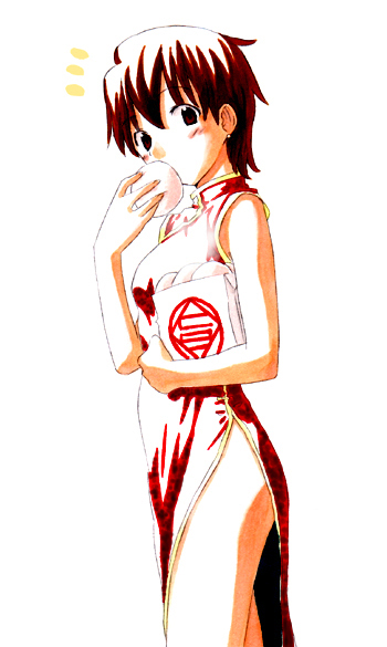 1girl, bangs, breasts, brown_eyes, brown_hair, china_dress, chinadress, chinese_clothes