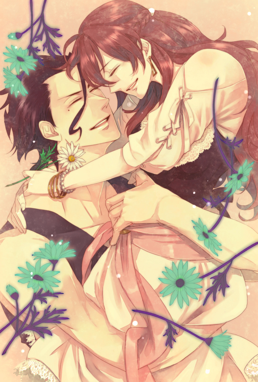 1boy, 1girl, black_hair, brown_hair, carrying, closed_eyes, couple, dress