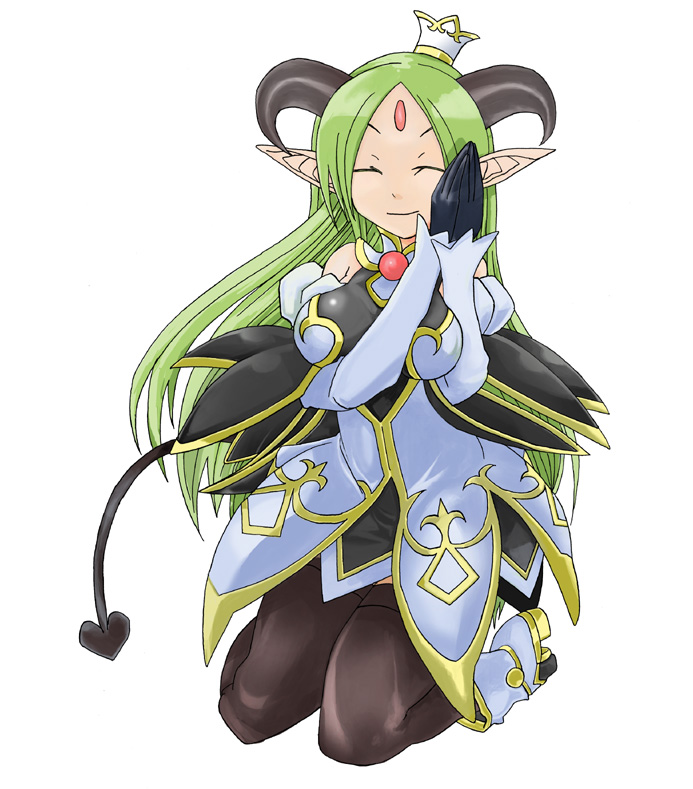 arm_warmers, boots, crown, demon_girl, demon_tail, ei_(akinosakae), gloves, green_hair