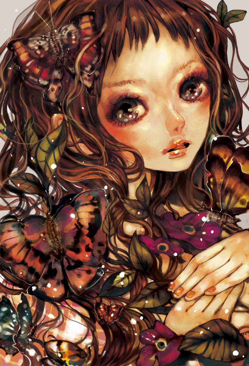 brown_hair, butterfly, flower, nogaru_wako, original, wavy_hair