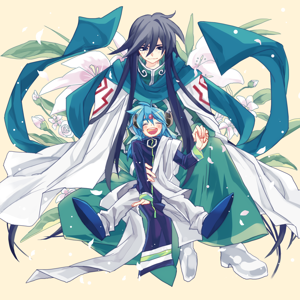 2boys, black_hair, blue_hair, child, flower, gyokutei_shinjin, houshin_engi, long_hair