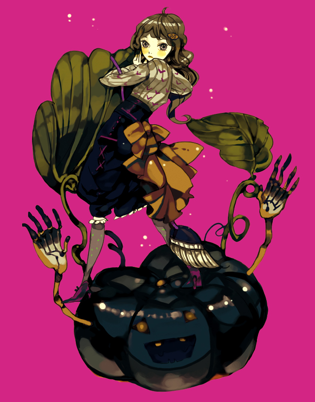 bloomers, broom, brown_hair, hair_ornament, hairclip, jack-o'-lantern, kneehighs, leaf