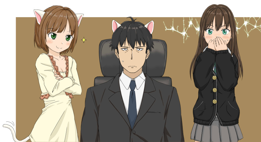 1boy, 2girls, :3, animal_ears, black_hair, blush, brown_hair, cardigan