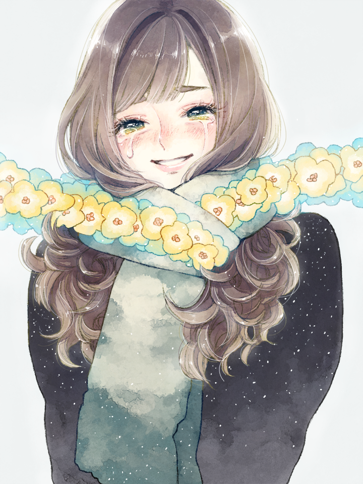 1girl, bangs, blush, brown_hair, cako_asida, eyelashes, flower, green_eyes