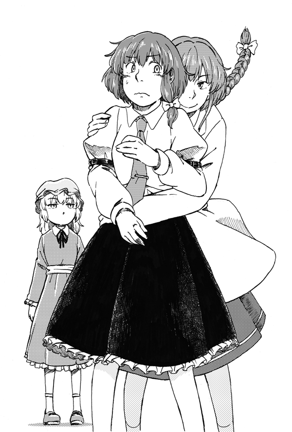 3girls, bow, braid, dress, hair_bow, hug, hug_from_behind, long_hair, maribel_hearn, maruhachi_(maruhachi_record), monochrome, multiple_girls, necktie, no_hat, okazaki_yumemi, ribbon, shirt, short_hair, skirt, touhou, usami_renko