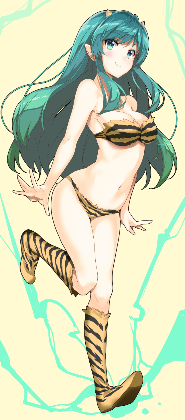 1girl, bikini, blush, gintarou_(kurousagi108), green_eyes, green_hair, highres, horns, long_hair, looking_at_viewer, lum, navel, pointy_ears, simple_background, solo, swimsuit, tiger_print, urusei_yatsura