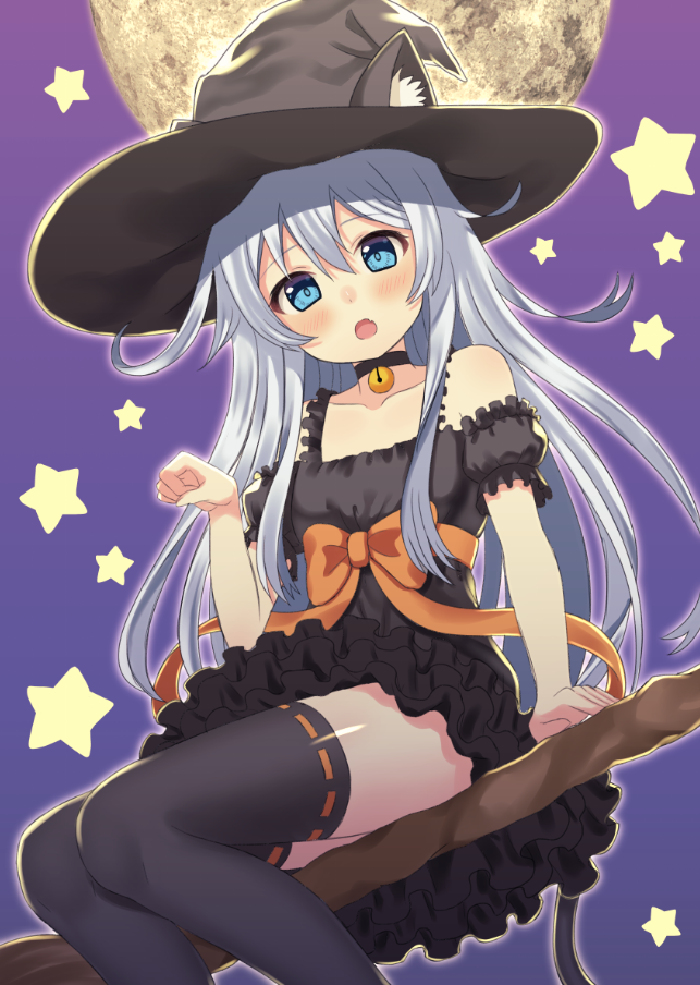 1girl, alternate_costume, animal_ears, bell, black_dress, black_legwear, blue_eyes, blush