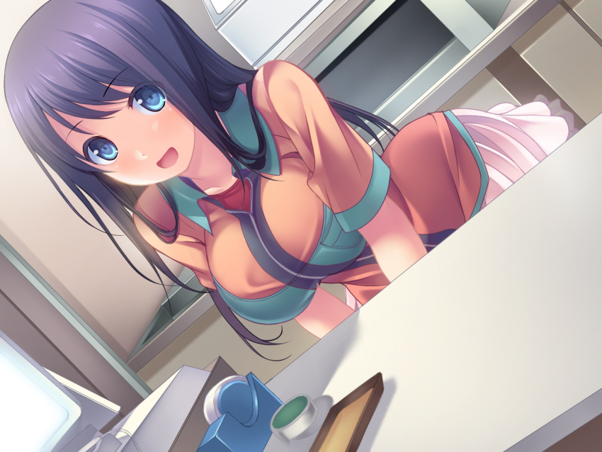 1girl, amasa-hikae, black_hair, blue_eyes, blush, breasts, dutch_angle, long_hair