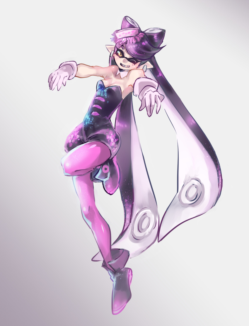 1girl, black_hair, brown_eyes, callie_(splatoon), detached_collar, earrings, fangs, food