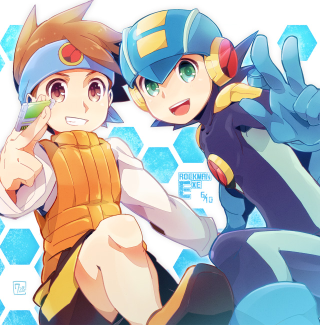 2boys, :d, aqua_eyes, between_fingers, blue_gloves, bodysuit, brown_eyes, brown_hair