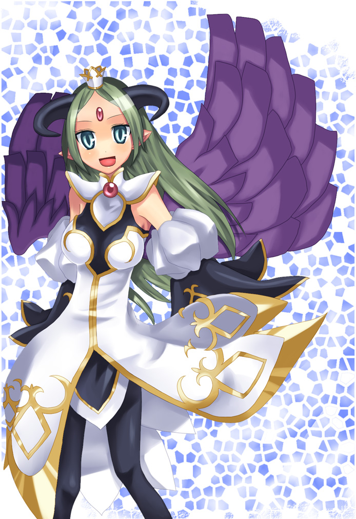 alfine, arm_warmers, crown, demon_girl, green_eyes, green_hair, horns, pantyhose