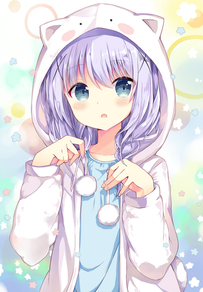 1girl, angora_rabbit, animal_hood, bangs, blue_eyes, blush, blush_stickers, braid