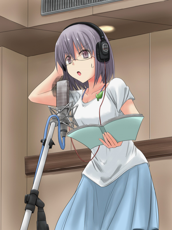 1girl, book, glasses, headphones, ichinose_futaba, microphone, open_mouth, seiyuu