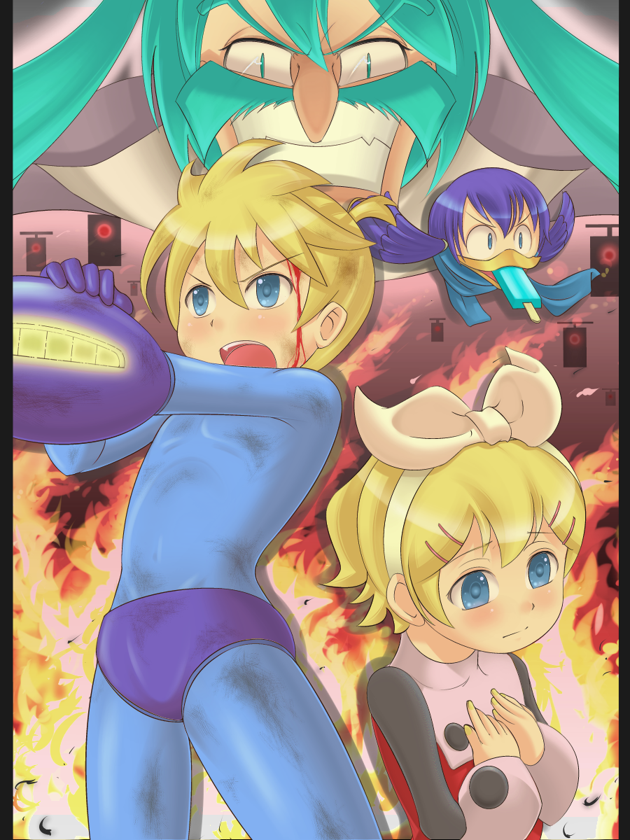 1girl, 3boys, albert_w_wily, aqua_eyes, aqua_hair, blonde_hair, blood, blue_eyes