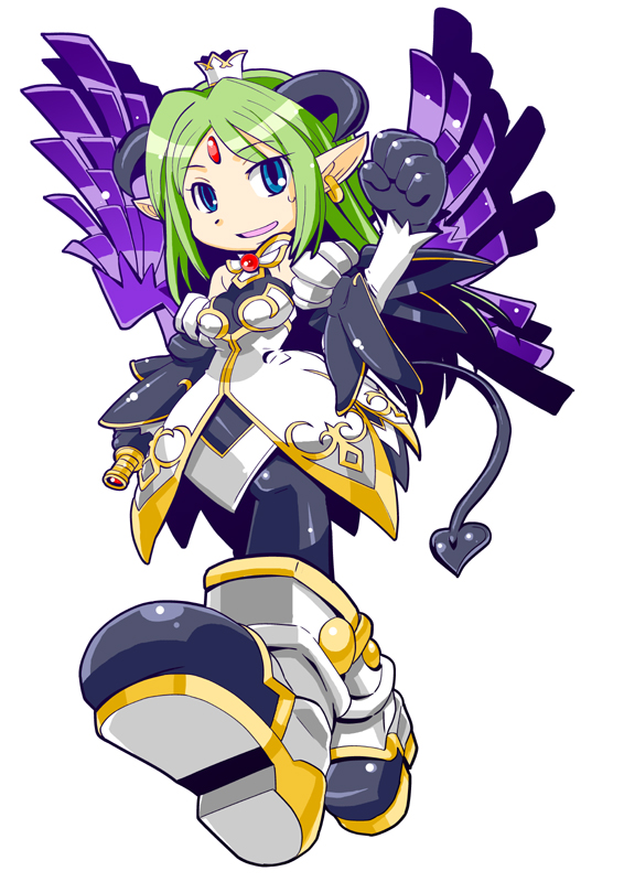 alfine, arm_warmers, blue_eyes, boots, crown, demon_girl, demon_tail, earrings