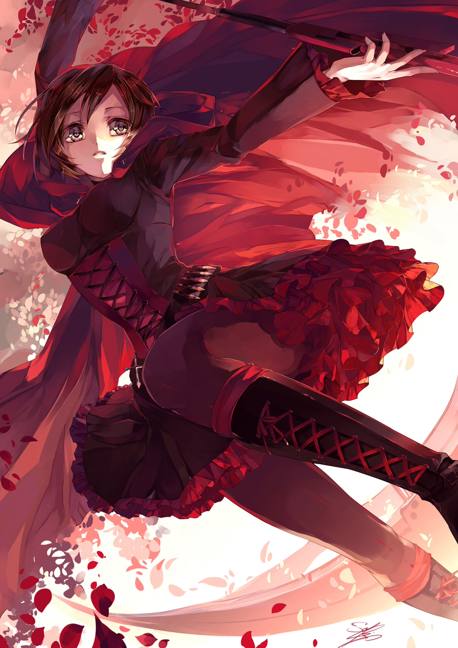 1girl, black_hair, boots, breasts, dress, frilled_skirt, frilled_sleeves, frills