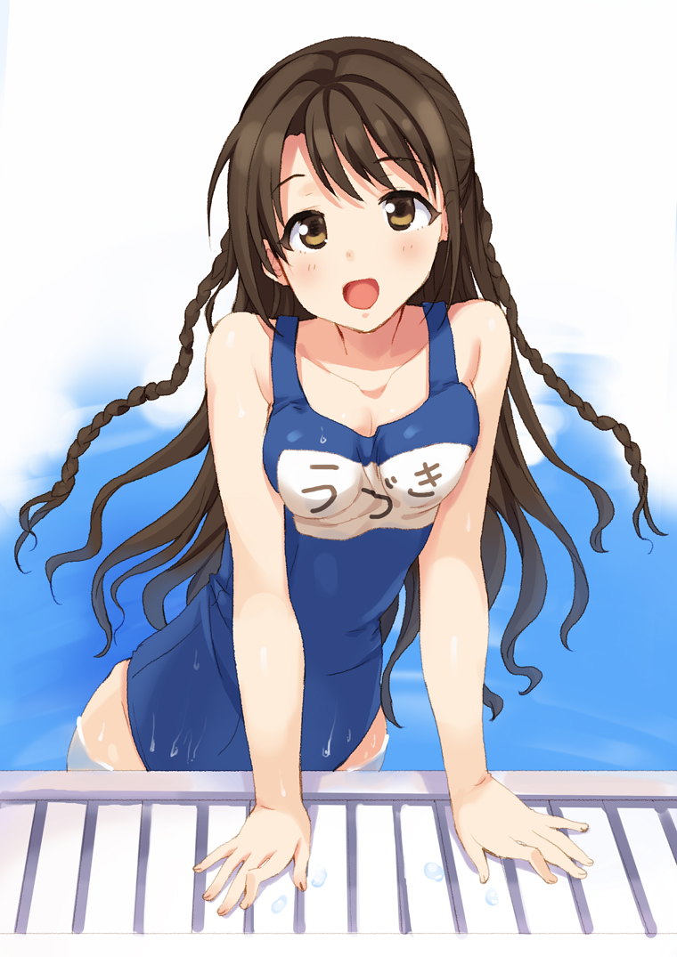 1girl, braid, brown_eyes, brown_hair, idolmaster, idolmaster_cinderella_girls, long_hair, pool_side