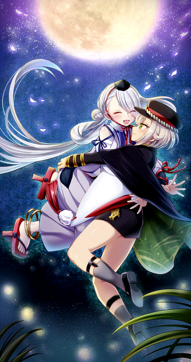 2boys, ^_^, cape, closed_eyes, eyes_visible_through_hair, full_moon, fumuke_aka, garters