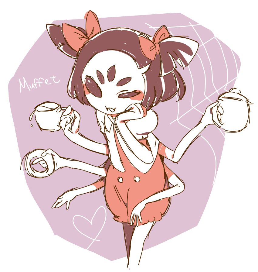 1girl, :3, :d, amazakura, black_eyes, black_hair, blush, bow, character_name, cheek_press, cup, doughnut, drink, extra_arms, extra_eyes, fangs, food, hair_bow, hand_on_own_face, heart, holding, holding_cup, holding_food, insect_girl, muffet, open_mouth, puffy_short_sleeves, puffy_sleeves, red_bow, short_hair, short_sleeves, silk, simple_background, smile, solo, spider_girl, spider_web, teacup, text, two_side_up, undertale, unitard, white_background