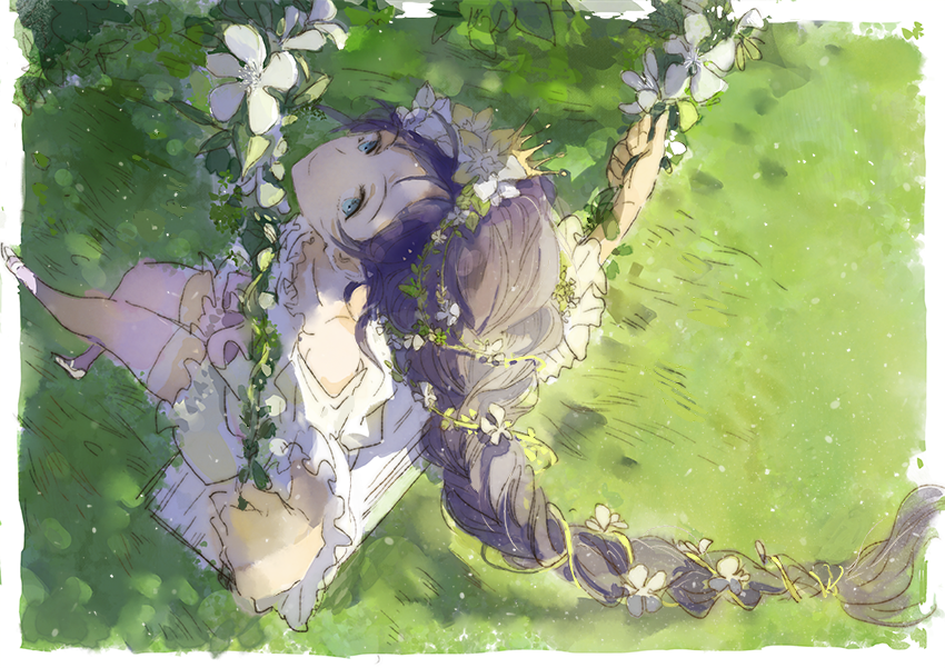 1girl, bare_shoulders, blue_eyes, braid, chairlog, crown, dress, flower