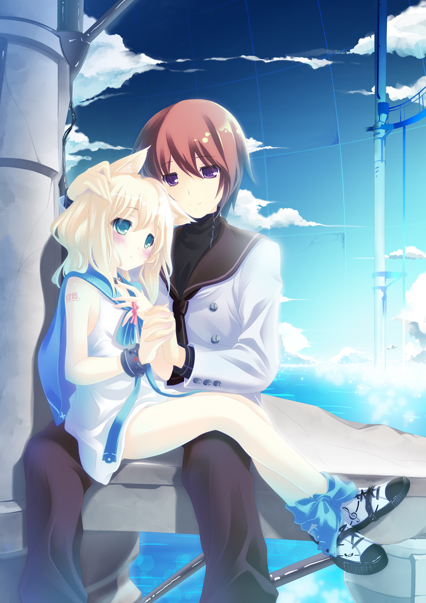 aqua_eyes, blonde_hair, blue_eyes, blush, bow, brown_hair, collar, couple