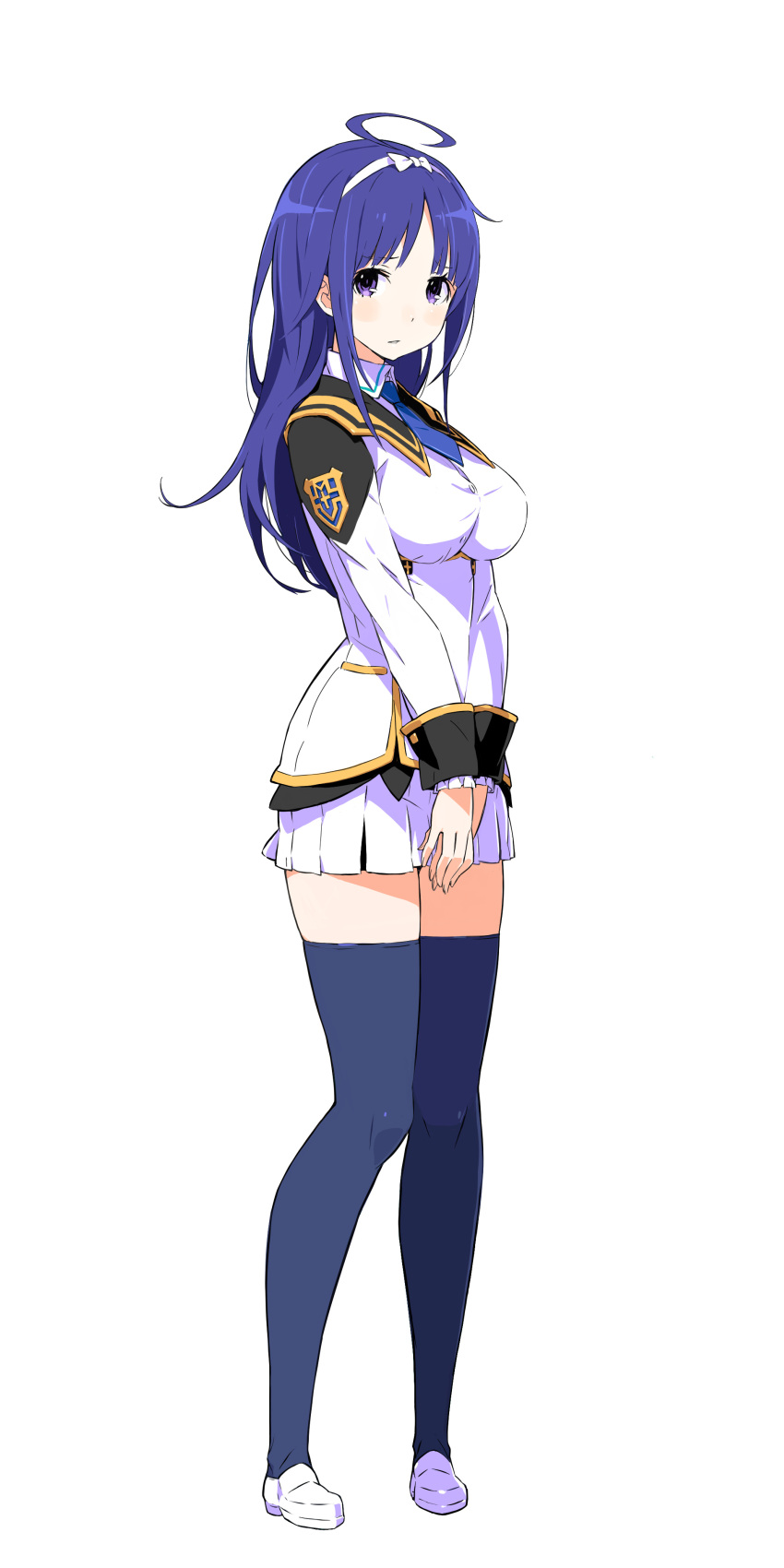 1girl, absurdres, ahoge, blue_hair, conception:_ore_no_kodomo_wo_undekure!, full_body, gashin, hairband, hands_together, highres, knees_together_feet_apart, long_hair, long_sleeves, looking_at_viewer, narika_(conception_2), necktie, official_art, pleated_skirt, simple_background, skirt, sleeve_cuffs, solo, thigh-highs, transparent_background, uniform, v_arms, violet_eyes, white_background