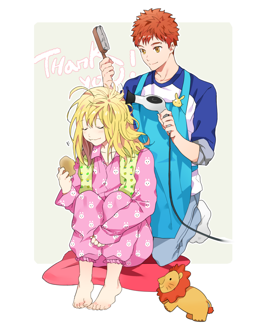 1boy, 1girl, blonde_hair, emiya_shirou, fate/stay_night, fate_(series), food, hair_down, hair_dryer, lancelot_(smalock), long_hair, messy_hair, pajamas, saber, stuffed_animal, stuffed_lion, stuffed_toy, wavy_mouth