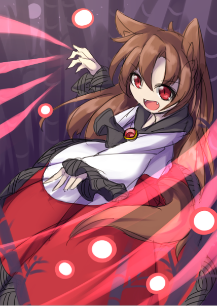 >:d, :d, animal_ears, bamboo, bamboo_forest, brooch, brown_hair, dress, energy_claws, fangs, forest, fun_bo, imaizumi_kagerou, jewelry, nature, open_mouth, red_eyes, smile, tail, touhou, wolf_ears, wolf_tail