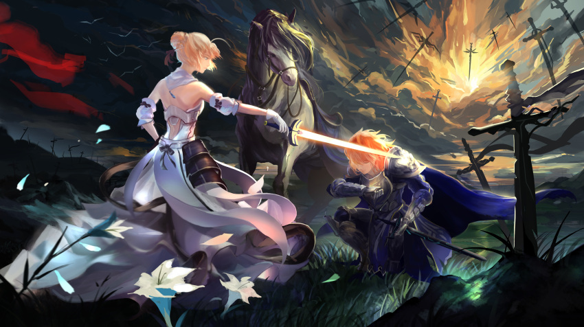 1boy, 1girl, absurdres, armor, blonde_hair, dress, emiya_shirou, excalibur