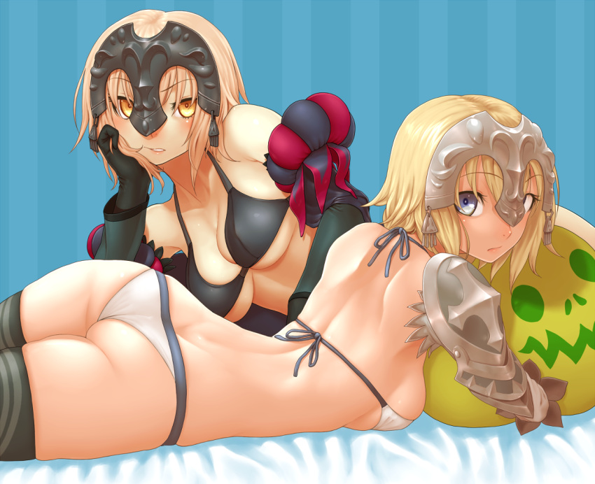 2girls, armor, ass, bikini, black_bikini, black_gloves, black_legwear, blonde_hair