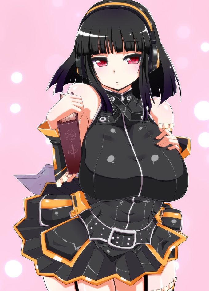 1girl, beatmania, beatmania_iidx, black_hair, book, breasts, flat_gaze, garter_straps