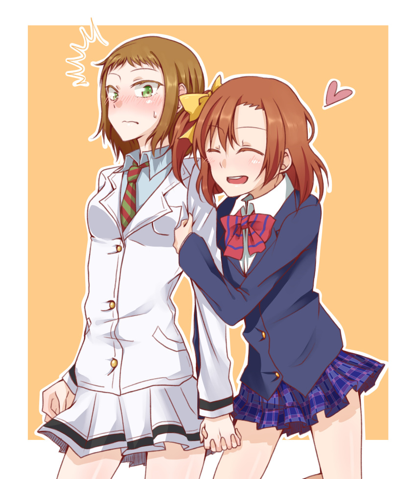2girls, absurdres, blush, brown_hair, closed_eyes, green_eyes, hair_ribbon, heart, highres, kira_tsubasa, kousaka_honoka, love_live!_school_idol_project, multiple_girls, qia_jia_meow, ribbon, school_uniform, skirt, sweat, yuri