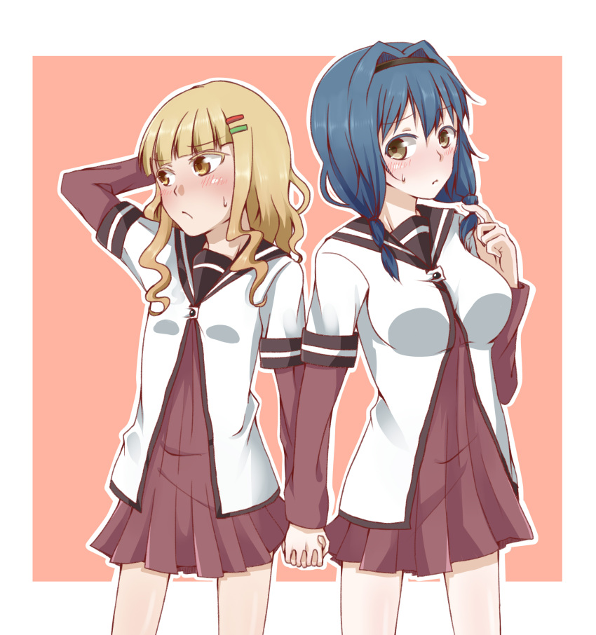 2girls, absurdres, blonde_hair, blue_hair, blush, breasts, furutani_himawari, hair_ornament