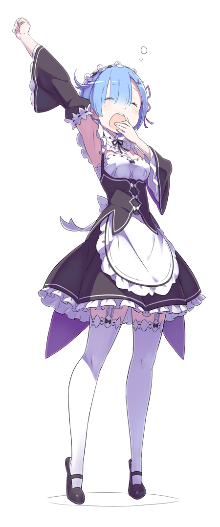 arm_up, blue_hair, clenched_hand, closed_eyes, detached_sleeves, full_body, garter_straps, gashin