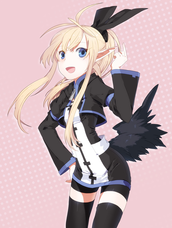 1girl, antenna_hair, blonde_hair, blue_eyes, dress, hair_ornament, hair_ribbon, kuze_(ira)
