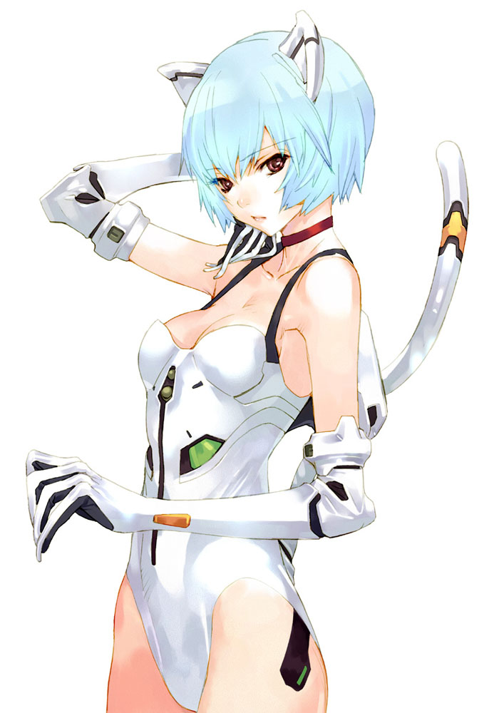 animal_ears, ayanami_rei, blue_hair, bob_cut, breasts, choker, cleavage, elbow_gloves