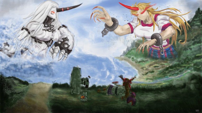 4girls, bird, blonde_hair, chain, claws, crossover, fingernails, giantess, glowing, glowing_eyes, grass, highres, horn, horns, hoshiguma_yuugi, ibuki_suika, kantai_collection, kneeling, long_fingernails, monster, multiple_girls, nature, northern_ocean_hime, red_eyes, seaport_hime, seta_xu_hong, sharp_fingernails, touhou, traditional_media, water, watercolor_(medium), white_hair, white_skin