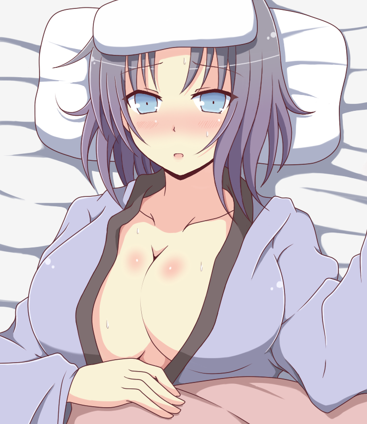 1girl, black_hair, blanket, blue_eyes, blush, bow, breasts, cleavage