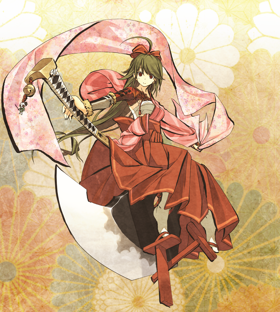 1girl, ahoge, bow, gauntlets, geta, green_hair, hair_bow, hakama