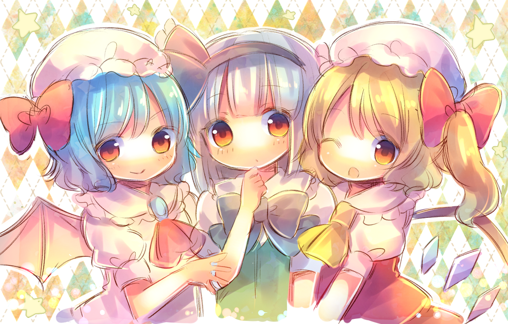 3girls, ;o, argyle, argyle_background, flandre_scarlet, konpaku_youmu, multiple_girls, one_eye_closed